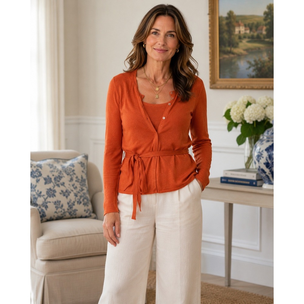 White+Warren Silk Blend Sheer Cardigan Sweater and Cropped Camisole Set Orange L